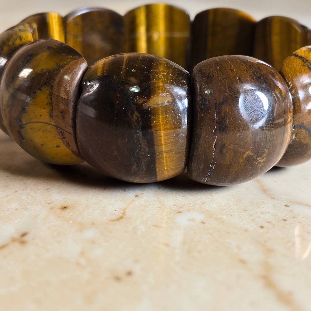 Genuine Natural Golden Tiger Eye Gemstone Hand Polished Stretch‎ Bracelet 24mm